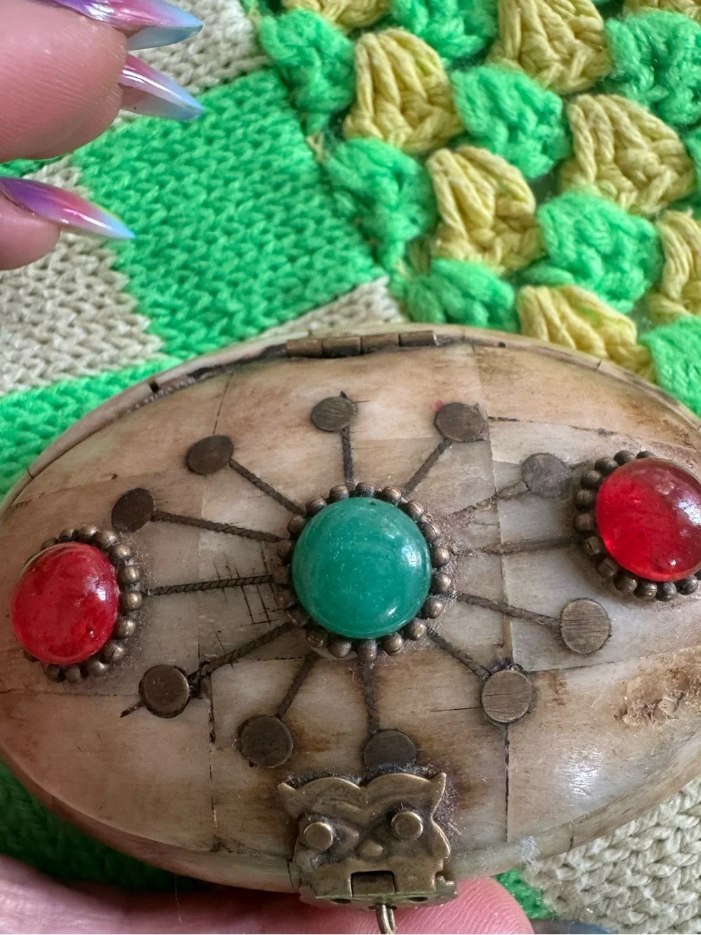 Vintage Ivory Decorative Jewelry Storage Box with Red and Turquoise Accents